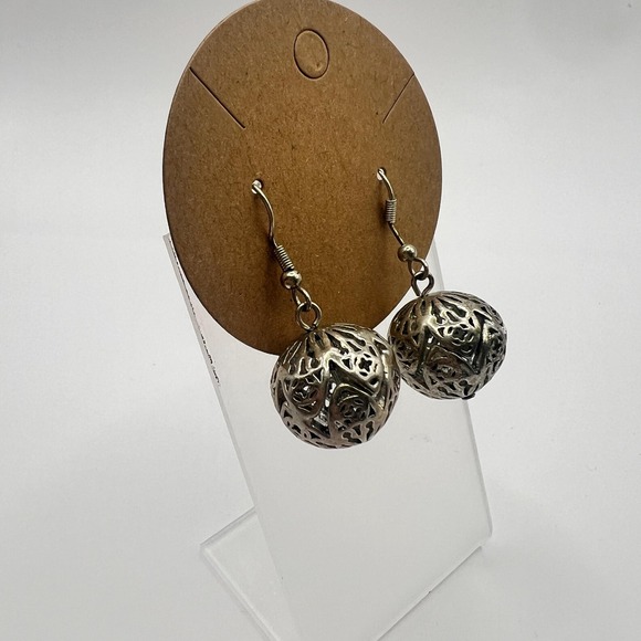 Silver Filigree Ball Dangle Earrings Short Drop Celtic Fairycore Boho Artisan - Picture 2 of 10